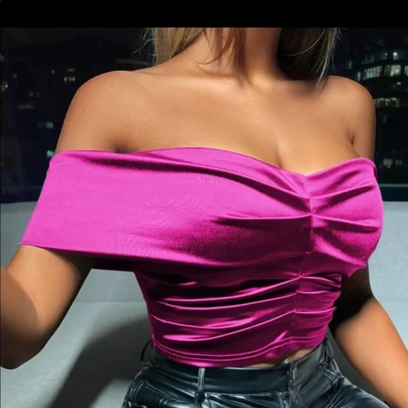 Pink glamorous off shoulder satin top - Picture 1 of 16